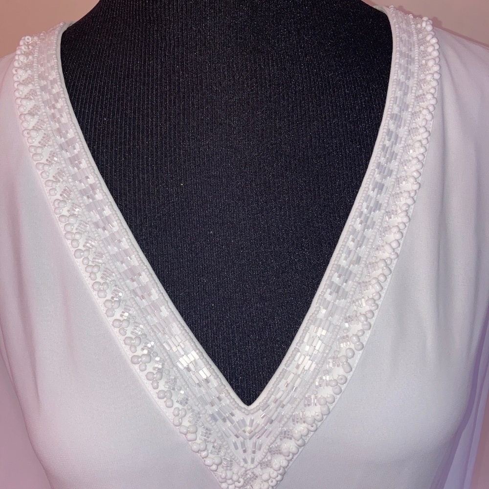 Marciano white split sleeve top w/ beadwork cuffs